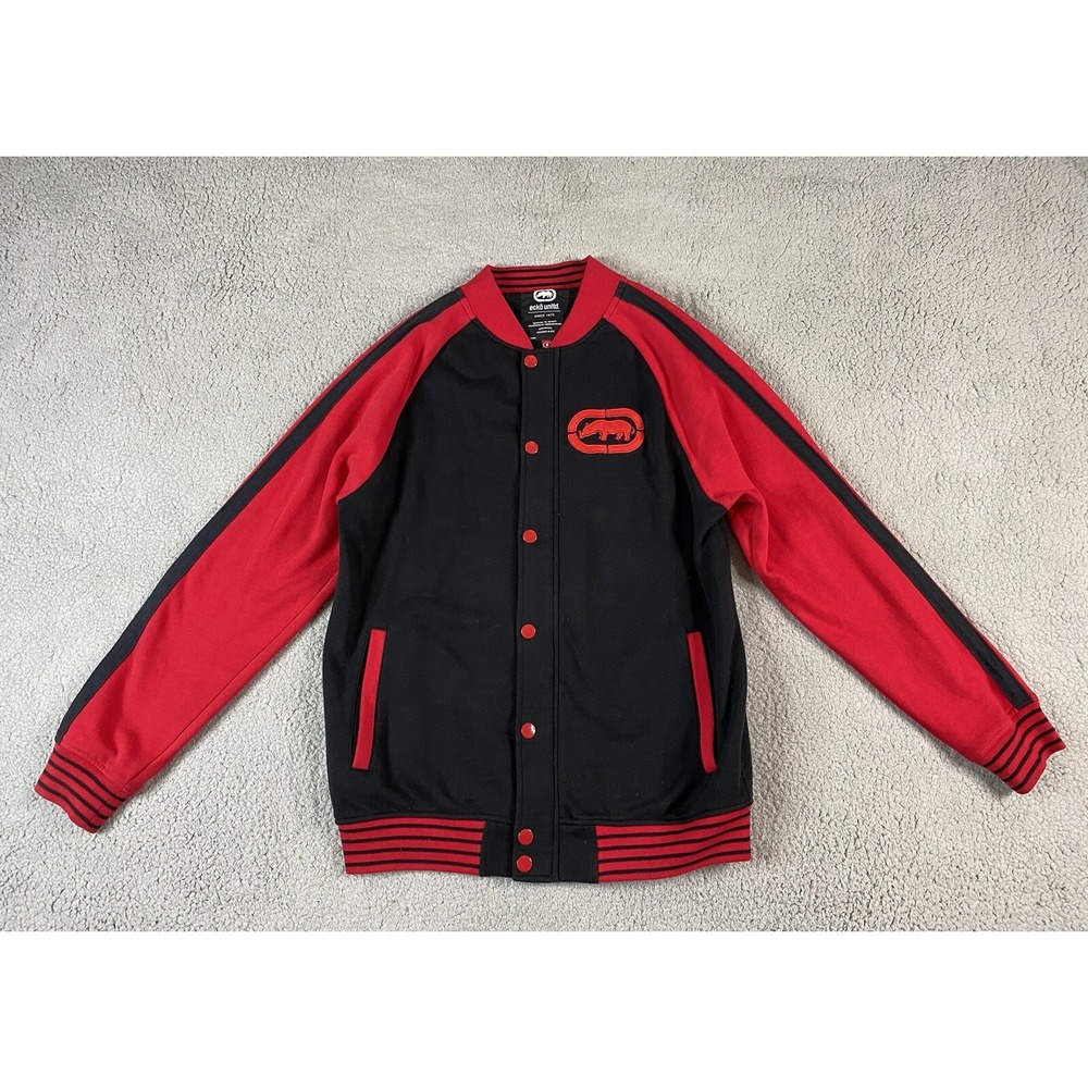 ECKO Jacket Mens Medium Black Red Varsity Snap Button Rhino Urban Streetwear